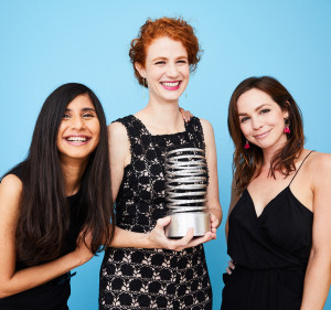 Official Webby portrait for "Justice Now." From left: Jaya Jiwatram, (UN Women), Emily Kenney (UN Women), and Hannah Dunphy (JRR)